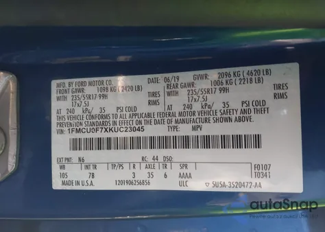 2019 Ford Escape S from USA, damaged, VIN 1FMCU0F7XKUC23045